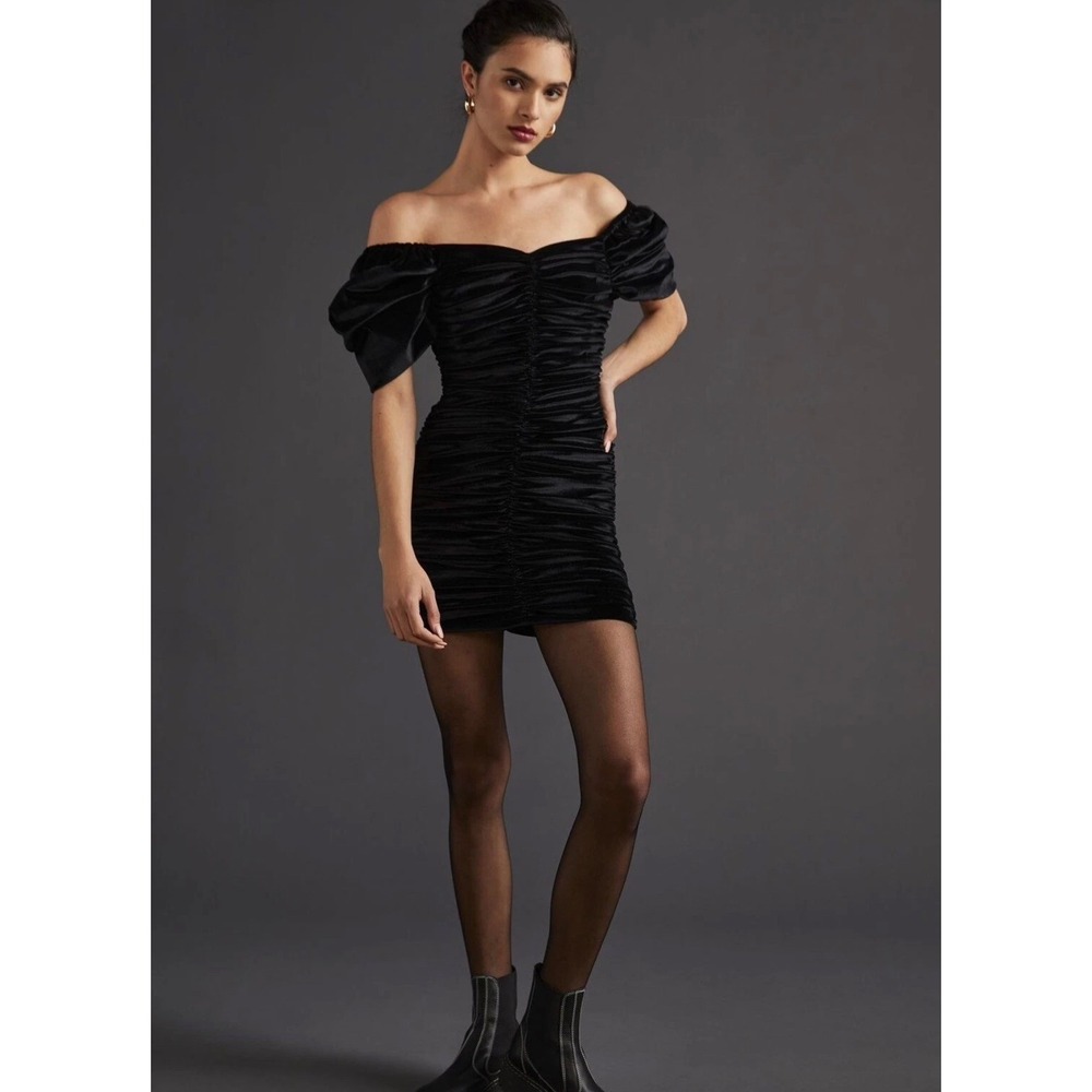 Hutch By Anthropologie Black Velvet Ruched Off Shoulder Puff Sleeve Mini Sz 8